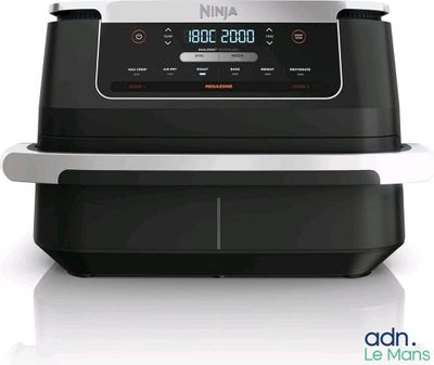 a black and silver air fryer with a digital clock on it