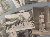 several old black and white photos of a woman standing in front of a building