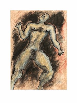 dessin représentant un personnage masculin en noir et blanc sur fond rouge