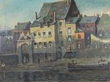 a painting of a building with a boat in front of it