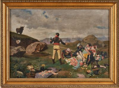 une image d'une peinture représentant un groupe de personnes dans un champ