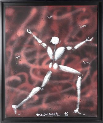 an image of a painting of a man with arms outstretched in the air