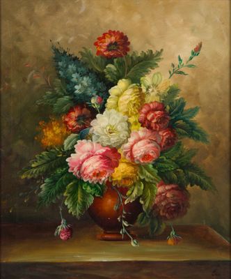 painting of a vase of flowers on a table in front of a wall