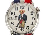 a close up of a watch with a polo bear on it