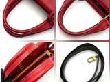 four different images of a red purse with a gold clasp