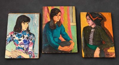 three paintings of women are displayed on a black surface