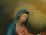 an image of a painting of a woman holding a baby goat