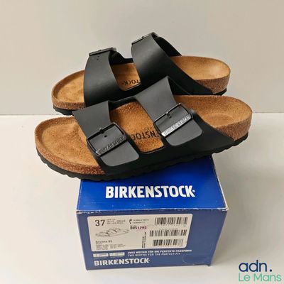brand new in box birkenstock men ' s black leather slide - on sandals