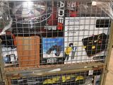 a metal cart with a bunch of items in it