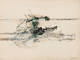 an image of a drawing of a helicopter flying over a field