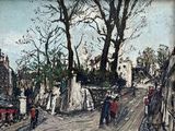 tableau représentant une scène de rue avec des passants marchant dans la rue