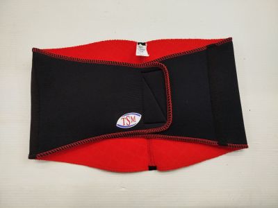 a close up of a red and black waist belt