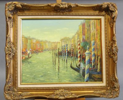 an oil painting of a gondola on display in a gold frame