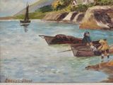 a painting of a man and a woman sitting in a boat on the water
