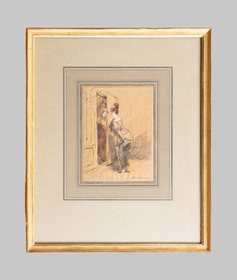 painting of a man sitting in a chair with a hat on