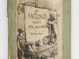an old book with a drawing of a man and a woman in front of a sign