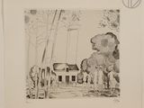 a black and white drawing of a house in the woods