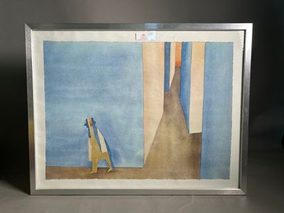 an image of a painting of a person walking a dog