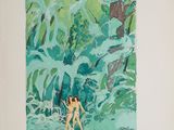 un tableau accroché au mur d'une pièce, représentant une femme en maillot de bain