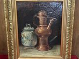 une peinture à l'huile représentant une cafetière et une théière posées sur une table
