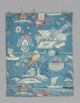 an image of a blue cloth with a pattern of birds, flowers, and other things