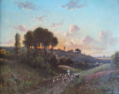 an oil painting of a person on a horse with a herd of sheep in a field