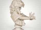 a white marble bust of a woman with her hands out