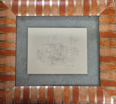 drawing of a boat on a river in a wooden frame