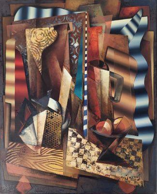 une image représentant une nature morte peinte, composée de divers objets