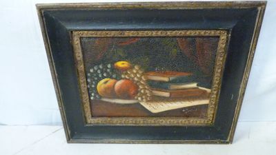 tableau représentant une nature morte composée de fruits et d'un livre posés sur une table