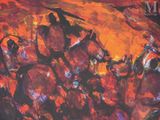 abstract painting of a group of men riding horses in a field