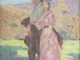 une peinture à l'huile représentant un homme et une petite fille debout à côté d'un chien