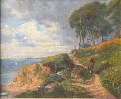 une image représentant un tableau où l'on voit des personnes marchant sur un sentier au bord de l'eau