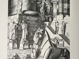 drawing of a man laying on the ground in front of a statue