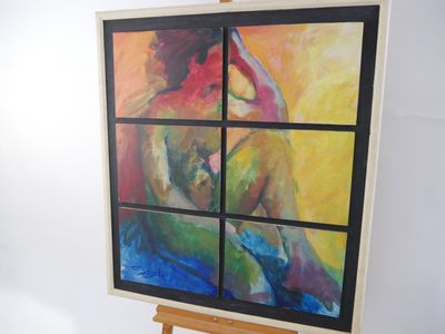 un tableau représentant une femme assise devant un chevalet, près d'une fenêtre