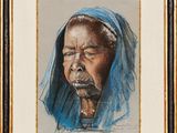 tableau représentant une vieille femme portant un foulard bleu sur la tête