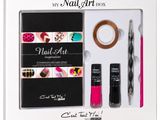 a box of nail art supplies including a nail brush and nail polish
