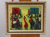 an oil painting of a group of people playing instruments in front of a building