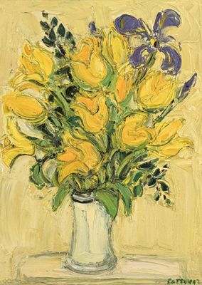 painting of yellow and blue flowers in a vase on a table