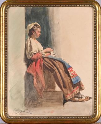 an image of a painting of a woman sitting on a ledge