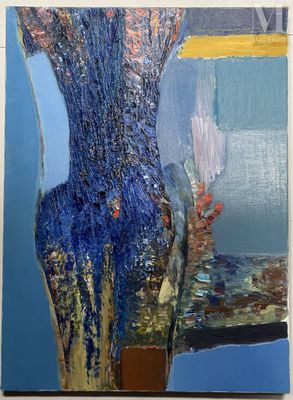 un tableau représentant un vase bleu contenant des fleurs