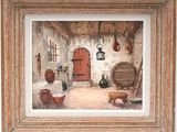 a picture of a painting of a kitchen with pots and pans