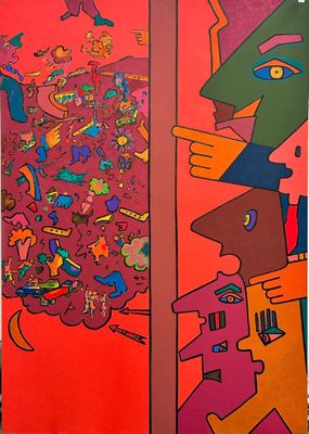 brightly colored painting of a man and a woman in front of a red wall