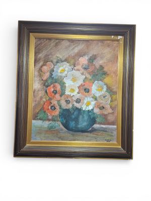 a painting of flowers in a blue vase on a table