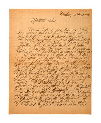 une lettre manuscrite, écrite à l'encre noire sur un morceau de papier brun