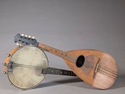 a mandolin and a banjo sitting next to each other
