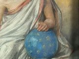 painting of a woman holding a blue ball in her right hand