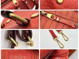 the collage of photos shows the details of a red handbag