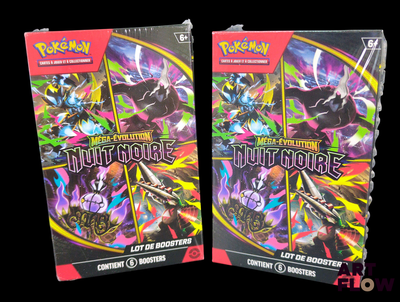 Deux paquets de cartes à collectionner Pokémon sont représentés sur un fond noir.