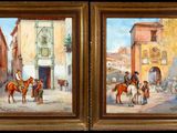 two paintings of men on horses in front of a building